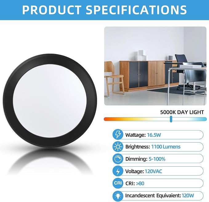 ECOELER 6 Inch LED Disk Lights, Dimmable Surface Mount/Recessed Ceiling Downlight, 16.5W 1100Lm 5000K Daylight, Retrofit Disc Ceiling Light for Stairwell, Basement, Garage, ETL Listed, Black, 6 Pack - Image 3