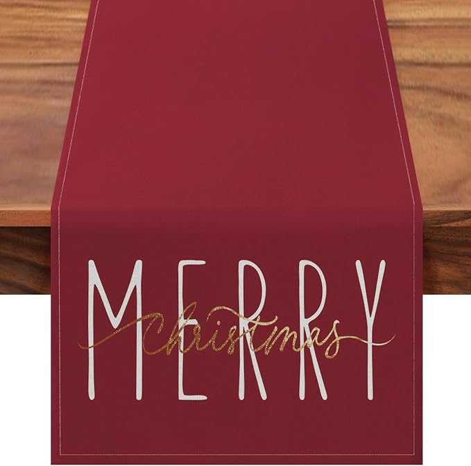 ONWAY Merry Christmas Gold Table Runner Winter Xmas Holiday Kitchen Dining Farmhouse Table Decor for Indoor Outdoor Home Party Decorations 13x72 Inch Red by ONWAY
