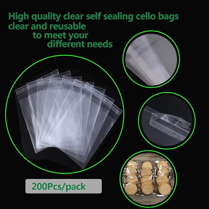 Nobranded 200 pcs Clear 4" x 9" (W:10xL:23CM) Self Seal Cello Cellophane Bags Resealable Poly Bags 2.8 mils for Cookie, Candy, Gift Bakery, Prints, Photos, Cards & Envelopes, Party Decorative - Image 2