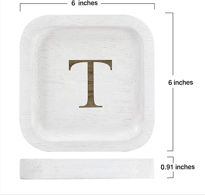 I'm Wooden Personalized Letter Catchall Valet Tray Trinket Dish Jewelry Tray Key Bowl Decorative Plate Organizing Ring Earrings Necklaces Bracelet Watch Coins Wallet Holder (6"x6" Sq White T)