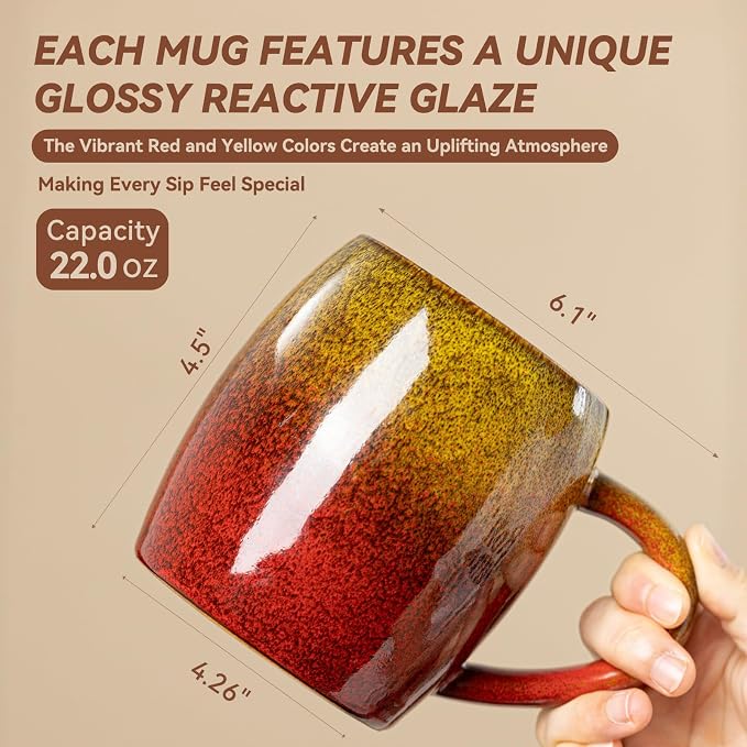 Handmade 22oz Ceramic Coffee Mug, Ergonomic Large Handle, Ideal Gift for Coffee Lovers, Microwave & Dishwasher Safe (Minute-Yellow&Red) - Image 5
