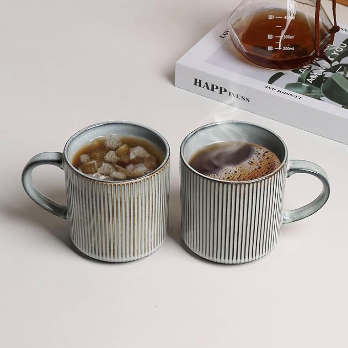 MONITO 16Oz Coffee Mugs Set of 4, Rustic Ceramic Coffee Cups Set with Large Handle, Vintage Striped Stoneware Coffee Mugs for Latte, Cocoa, Tea, Milk, Microwave & Dishwasher Safe, Smoky Blue - Image 3
