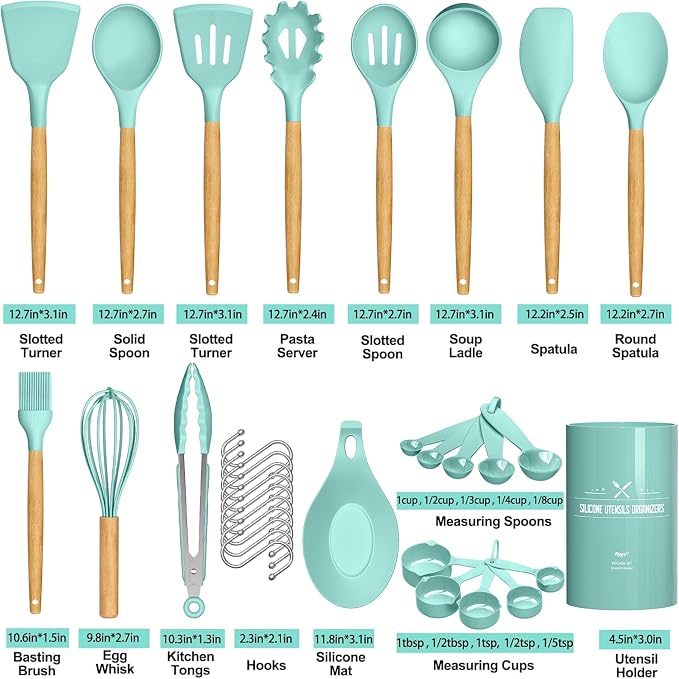Umite Chef Kitchen Cooking Utensils Set, 24 pcs Non-stick Silicone Cooking Kitchen Utensils Spatula Set with Holder, Wooden Handle Heat Resistant Silicone Kitchen Gadgets Utensil Set (Green) - Image 6