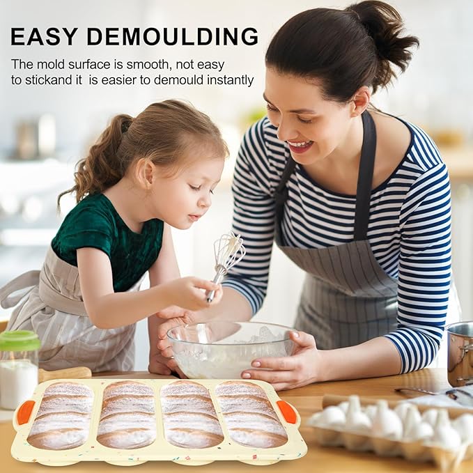 Silicone Bread Loaf Pan, 4-cavity Non-Stick Baguette Bread Pan Heat Resistant Hot Dog Bun Mold, for Sub Roll Baking Pan Bread Pans for Homemade Bread（Beige）