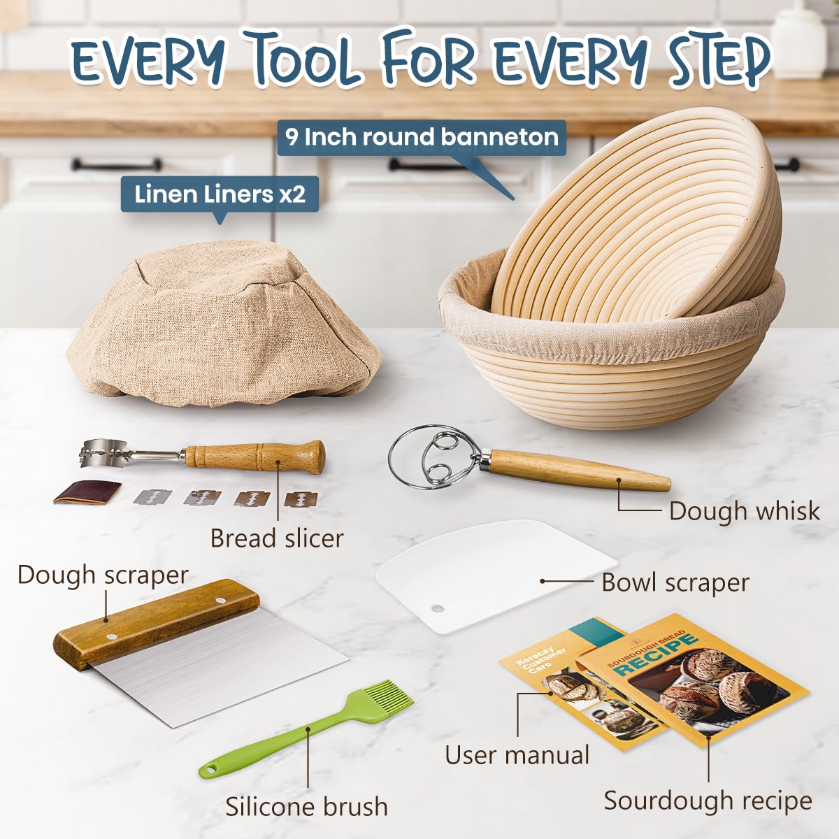 Complete Sourdough Bread Baking Kit with Banneton Basket & Starter Jar