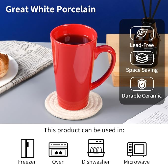 BYCNZB 16oz black Funnel Ceramic Tall Coffee Mugs for Coffee, Tea, Cocoa, Latte, Milk set of 4 (Red) - Image 3