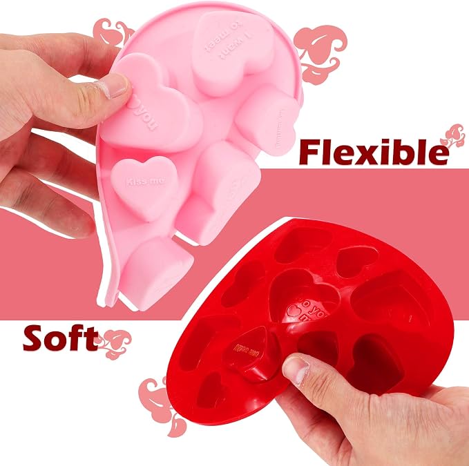 Patelai 4 Pieces Conversation Heart Molds Mixed Size 40 Holes Valentine's Day Heart Shaped Silicone Molds Non Stick for Chocolate Fondant Jelly Pudding Dessert Baking Candy(Red, Pink) - Image 3