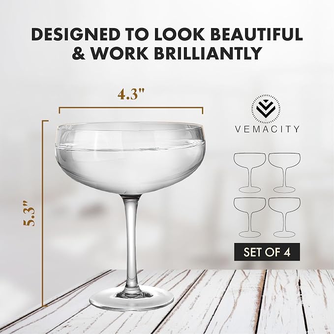 VEMACITY - Elegant Espresso Martini Glasses Set of 4 (10oz) - Classic Coupe Glasses for Martinis, Champagne, Margaritas | Handblown Crystal Cocktail Glassware | Ideal for Martinis and Cocktails - Image 10