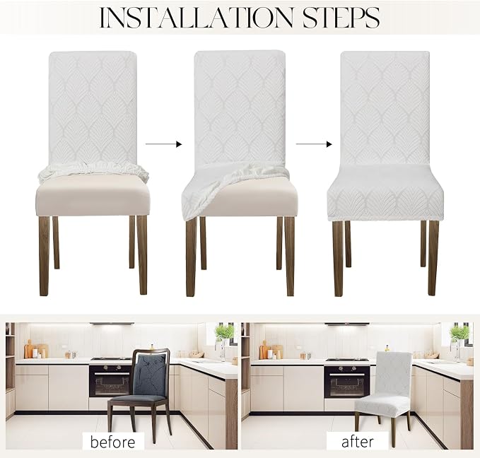 MOSAYT 100% Waterproof Dining Room Chair Covers Set of 4, Super Fit Stretch Jacquard Parson Chairs Slipcovers Removable Washable Chair Seat Protectors for Home, Kitchen, Banquet (White) - Image 5