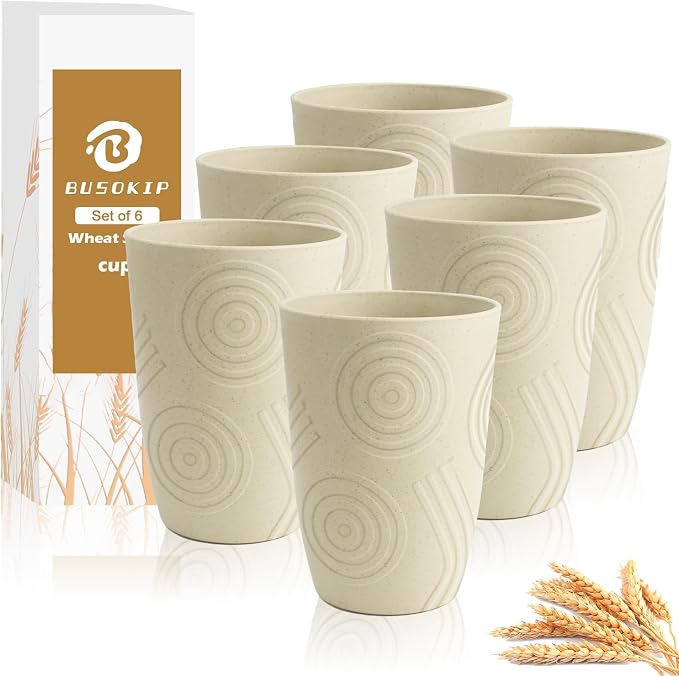 Wheat Straw Cups 6 PCS - 16 OZ Cup Set, Unbreakable Drinking Glasses, Kids Cup Set for Kitchen, Alternative to Plastic Cups Reusable Dishwasher Safe Water Tumbler (Beige) by BUSOKIP