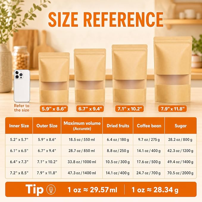 100 Pcs Kraft Paper Bags with Window, 7.1" x 10.2" Stand Up Pouches Bags, Food Storage Bags for Packaging Products, Reusable, Sealable - Image 3