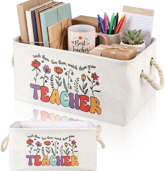 Marsui Teacher Basket Teacher Appreciation Gifts Book Storage Basket Large Foldable Linen Reading Accessories Back to School Teachers Storage Bins Gifts from Student Classroom Office Home by Marsui