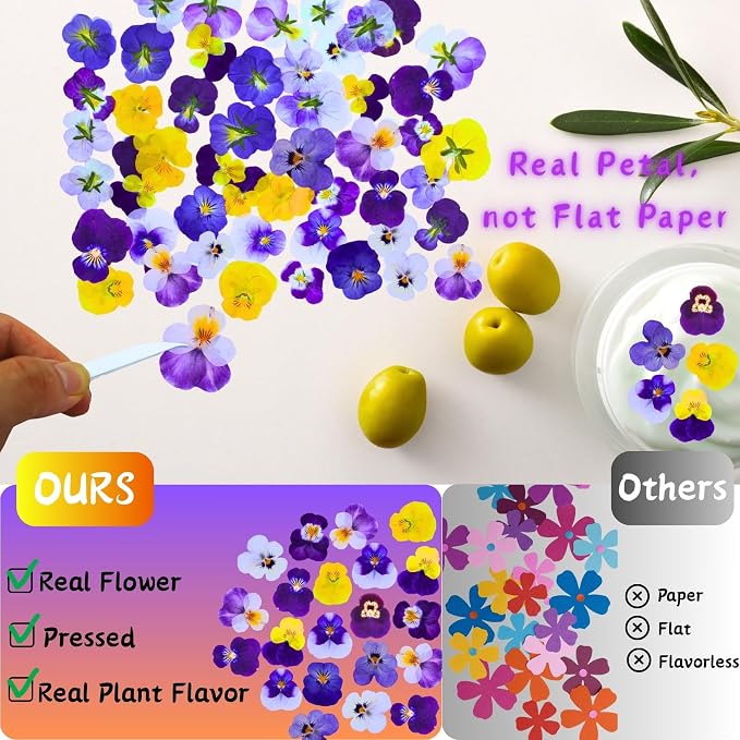 PureHabitat 60 Pcs 10 Colors Natural Dried Pressed Edible Viola Tricolor Flowers for Cake Topper Decoration – for Cupcake Toppers Cocktails Resin Jewelry DIY Crafts (Purple) - Image 2