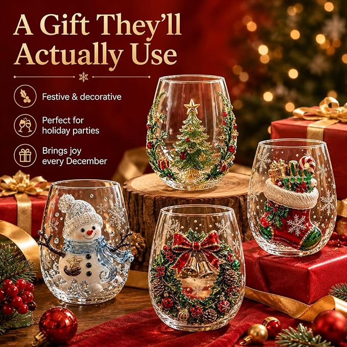 Christmas 3D Stemless Glass Cup Snowman 14oz Holiday Tumbler，C | Hand Painted Design, Festive Table Decor, Holiday Party Use, Collectible Glassware, 3D Ornament Detail - Image 3