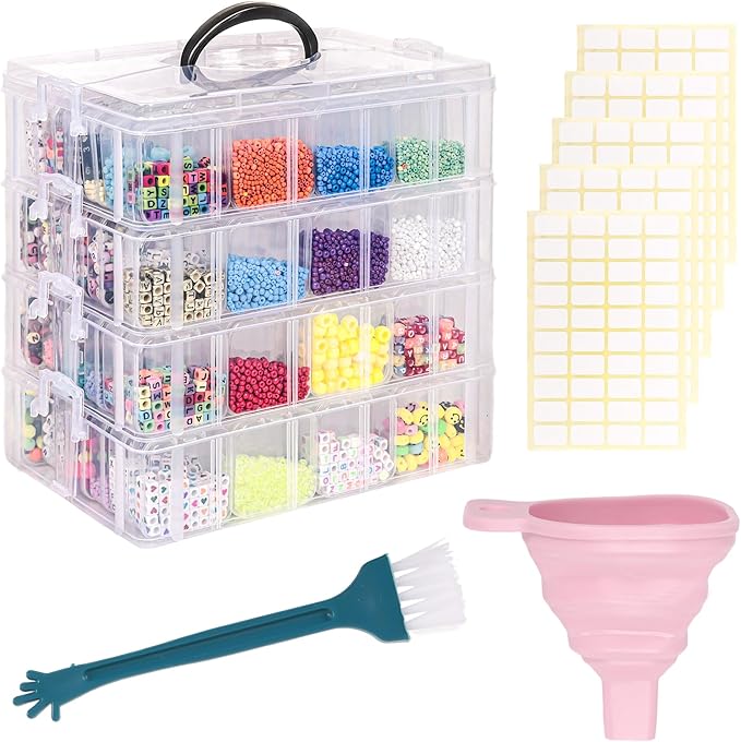4-Tier Bead Storage Container, Craft Organizer Box with 32 Compartments, Clear Plastic Case with Handle, Includes Funnel and Brush (4-Tire Bead Organizer)