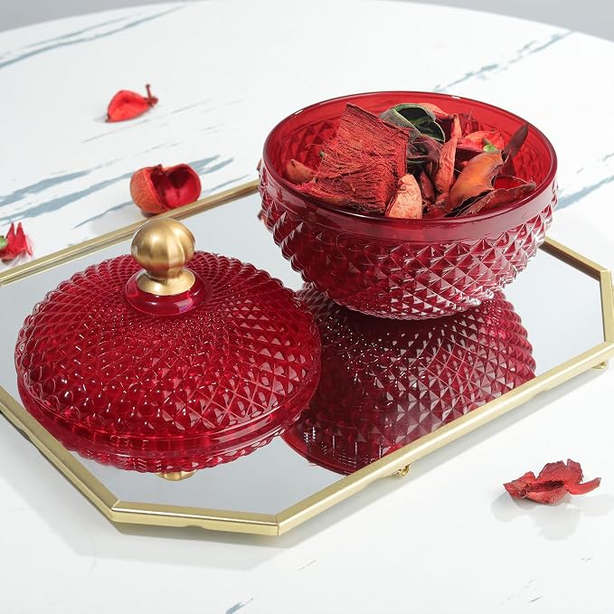Joeyan 12 oz Small Red Glass Jewelry Box Jars with Lid,Embossed Glass Candy Dishes,Diamond Faceted Food Container,Decorative Apothecary Canisters,Colored Kitchen Bathroom Buffet Storage Organizer - Image 5