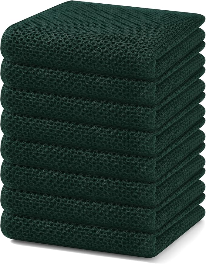 Homaxy 100% Cotton Waffle Weave Kitchen Dish Towels 8-Pack, Blackish Green | 13 x 28 Inches, Ultra Soft Absorbent Dish Towels, Quick Drying Cleaning Towels by Homaxy