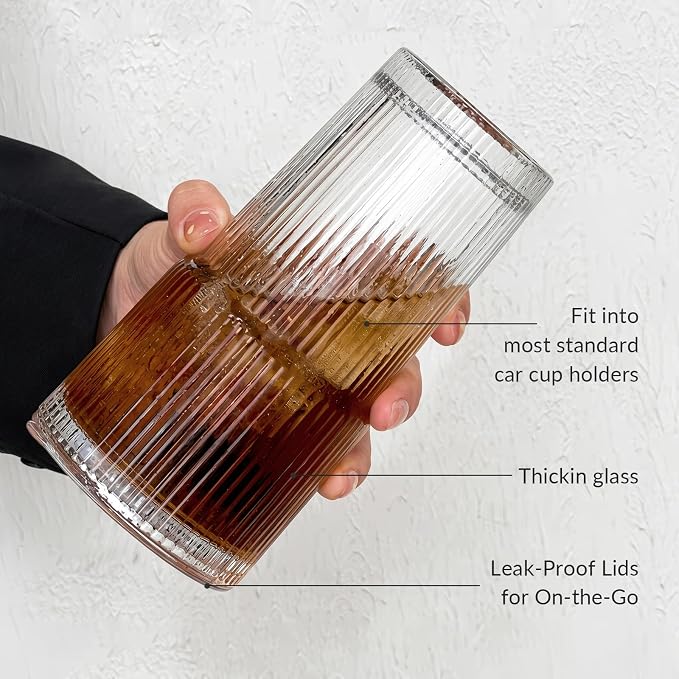 Puraville Glass Cups with Lids and Straws, 20oz, Ribbed Pattern | Reusable Thick Iced Coffee Tumblers for Juice Cold Drinks, Leak Proof Glassware for Summer - Image 7