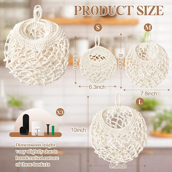 Honeydak Boho Decor Hanging Wall Baskets for Kitchen 3 Pack Teardrop Baskets with Hooks Storage Fruit Onion Vegetable Potato for Home 3 Sizes (White,Crochet,Cotton Rope) - Image 2
