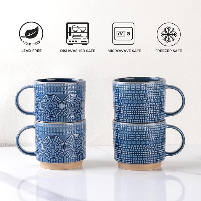 GBhome 16OZ Stackable Coffee Mugs, Ceramic Coffee Mugs with Texture Patterns for Man,Woman,Dad,Mom, Modern Coffee Mugs Set of 4 for Latte/Cappuccino/Cocoa. Dishwasher&Microwave Safe - Image 6