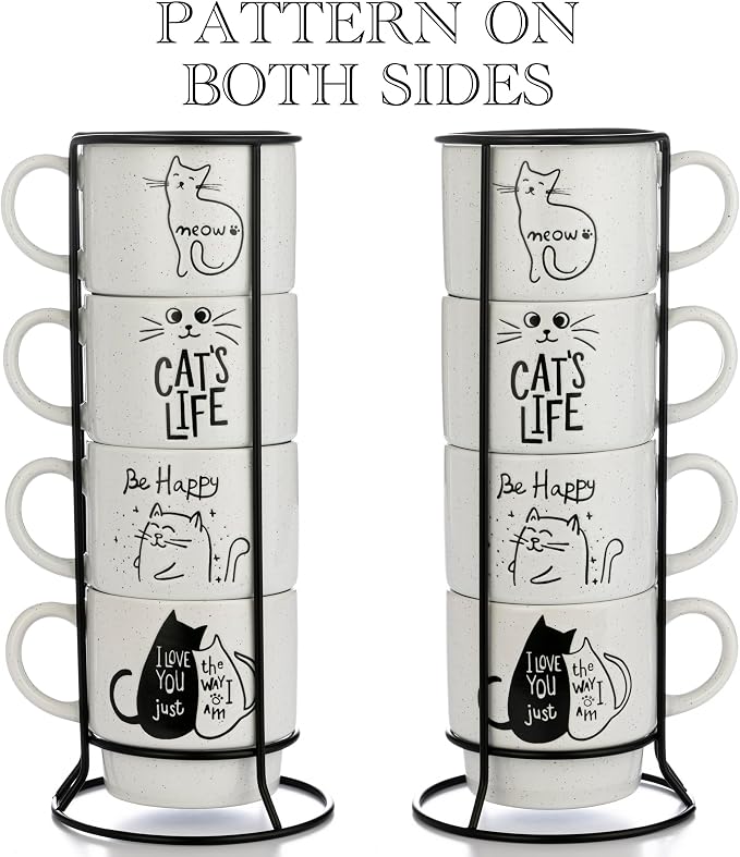 Signature Housewares Stackable Coffee Mug Tower Set with Metal Wire Rack - 15 Ounce Coffee Mugs for Coffee, Tea, Cocoa, Milk, Cappuccino, Hot Chocolate Set of 4 - Cat's Life - Image 3