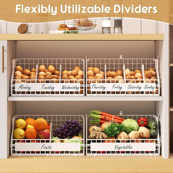 keomaisyto Fresh Egg Holder with 5 Dividers to Separate Eggs for a Week, 2 Tier Stackable Wire Baskets for Gathering Eggs, XXL Egg Rack for Countertop/Wall-Mounted, With DIY Labels, White - Image 5
