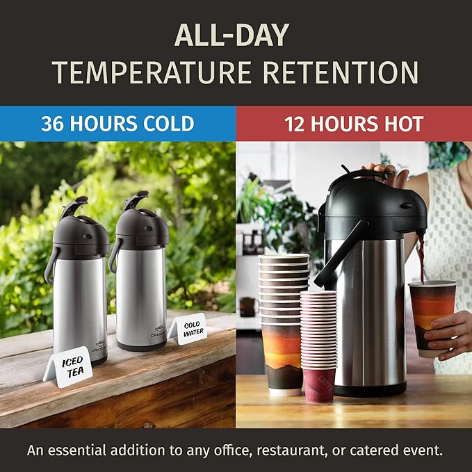 Cresimo Coffee Carafe for Keeping Hot 102oz Airpot Coffee Dispenser with Pump & Stainless Steel Table Tent Signs - 3L Airpots for Hot Beverages - Easy-to-use Insulated Coffee Carafe & Beverage Labels