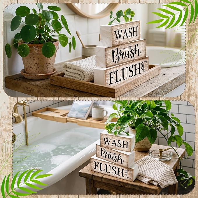 Moucuny 4 Pcs Farmhouse Bathroom Decor and Accessories Rustic Bathroom Shelf Decor Sign Set "wash/brush/flush" Farmhouse Eucalyptus Leaves Wood Block Signs for Toilet Vanity Countertop Home Decoration - Image 7