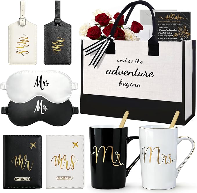 Jumway Wedding Gifts Basket, Gifts for Bridal Shower Engagement Wedding and Married Couples Anniversary - Tote Bag Ceramic Marble Coffee Mugs Gift Set Black by Jumway