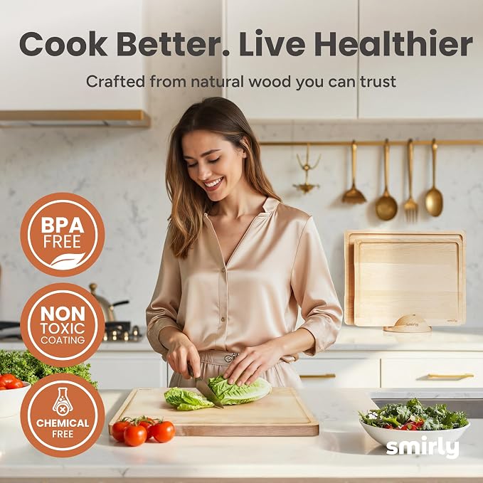 SMIRLY Cutting Boards for Kitchen, 3 Piece Birch Cutting Board with Stand | Non Toxic Wooden Cutting Board with Juice Grooves and Handles, Multiple Sizes Chopping Boards for Meat Vegetable Charcuterie - Image 6