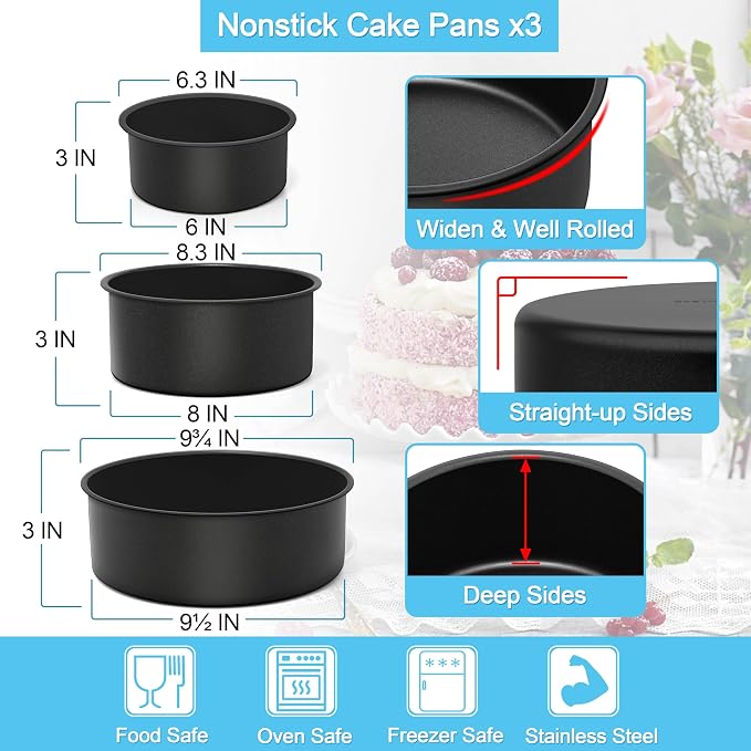 E-far Deep Cake Pan Set of 3 (6/8/9½ Inch), Nonstick Stainless Steel Round Cake Pans Tins for Baking Layer Wedding Cakes, Stainless Steel Core & Nontoxic Coating, Deep & Straight Side - Image 4