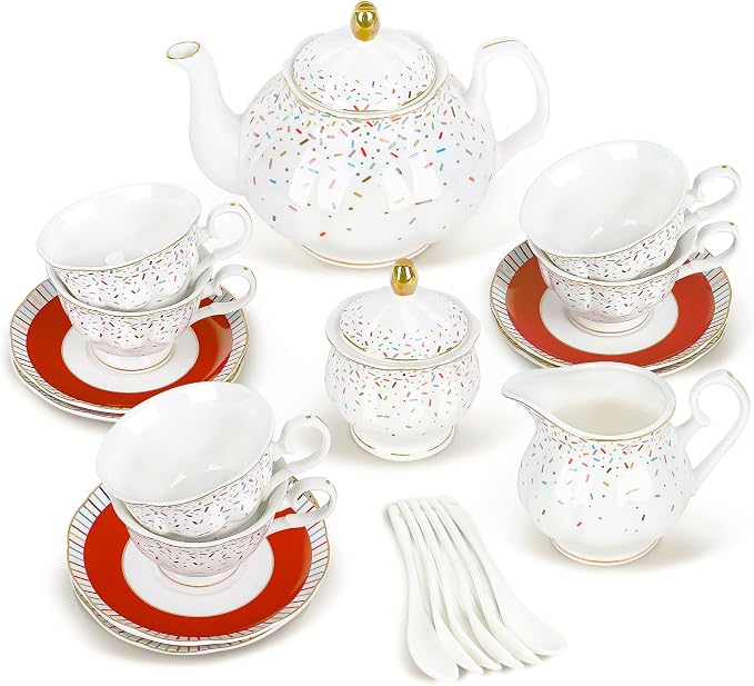 fanquare 21-Piece Colorful British Porcelain Tea Sets, 6 Cups and Saucers Set for Party, Rainbow Sprinkle Sugar Pattern Coffee Set for Adults, Birthday, Holiday, Celebrations by fanquare