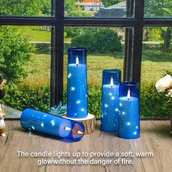 Flameless Candles,with Embedded Star String, Battery Operated Candles Flickering LED Pillar Candles with Remote Control and Timer, Home Decoration Add a Warm and Romantic Atmosphere，Set of 7 (Blue) - Image 5