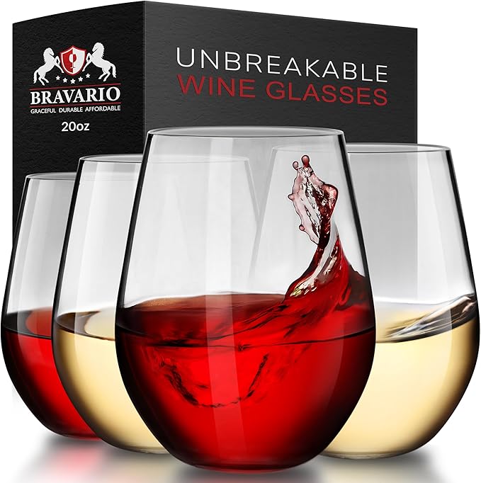 Bravario Unbreakable Stemless Plastic Wine Glasses | Reusable | Shatterproof 100% Tritan Plastic | Dishwasher-Safe | BPA-free | Awesome for Indoor & Outdoor | 20 oz, Set of 4 by Bravario