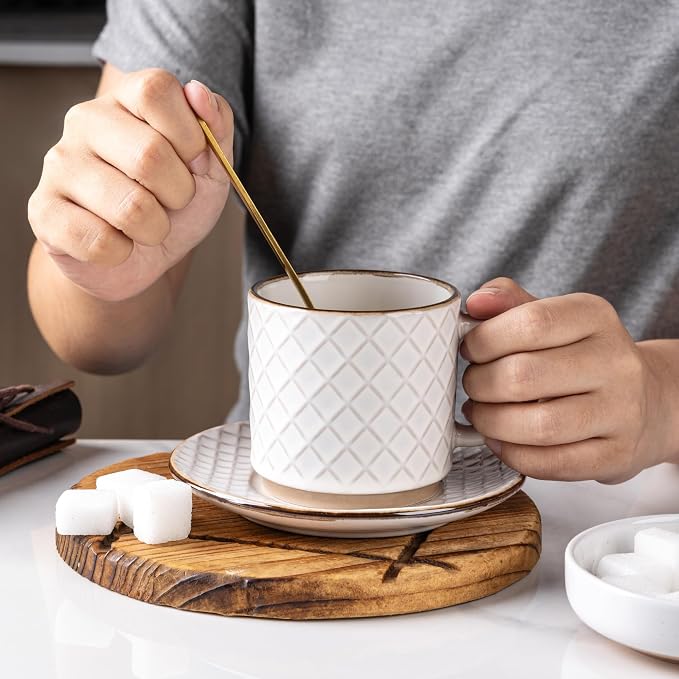 GBhome 6 OZ Stackable Coffee Mugs Set of 4, Ceramic Coffee Cups Set | 4 Assorted Designs, Embossed Mugs with Texture Patterns for Espresso/Tea, Dishwasher&Microwave Safe, Off White - Image 5