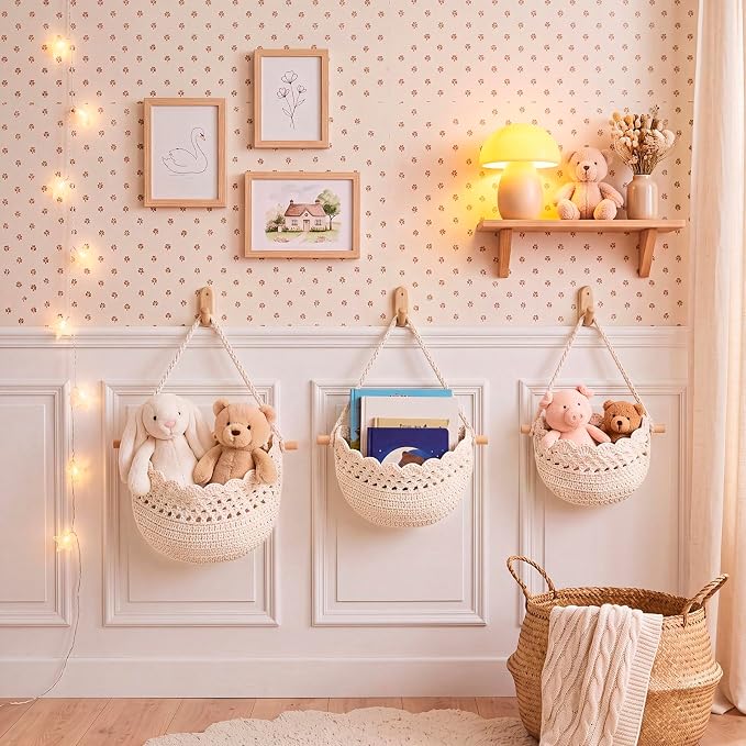 Honeydak Boho Decor Hanging Wall Baskets for Kitchen 3 Pack Teardrop Baskets with Hooks Storage Fruit Onion Vegetable Potato for Home(White,Lace,Cotton Rope) - Image 4