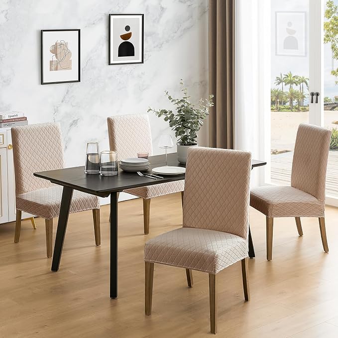 MOSAYT 100% Waterproof Dining Room Chair Covers Set of 6, Super Fit Stretch Jacquard Parson Chairs Slipcovers Removable Washable Chair Seat Protectors for Home, Kitchen, Banquet (Khaki - XL) - Image 2