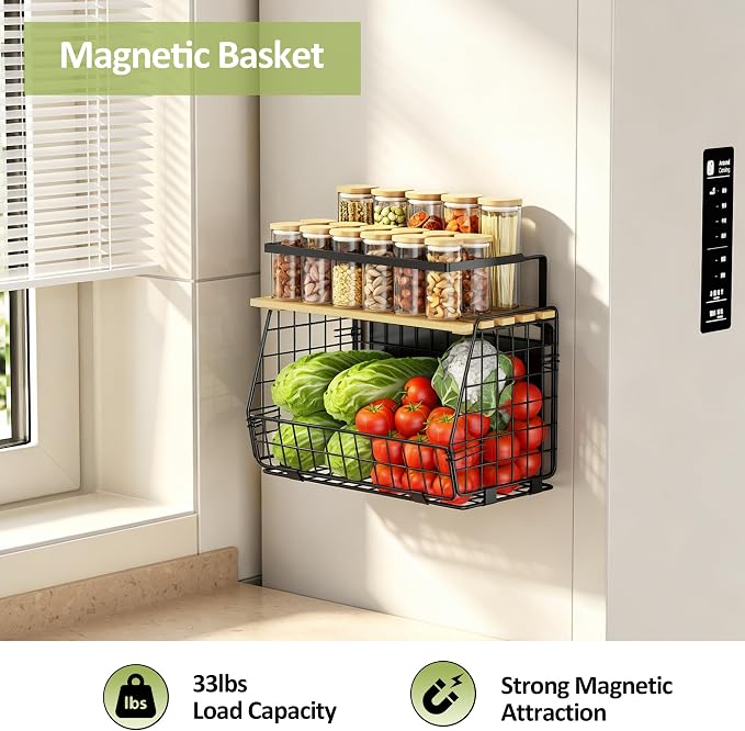 Magnetic Shelf for Fridge, Fruit Potato & Onion Storage Bin | Magnetic Storage Basket with Lid, Side of Fridge Storage, Produce Basket for Fruits Vegetables Spices, Kitchen Pantry - Image 2