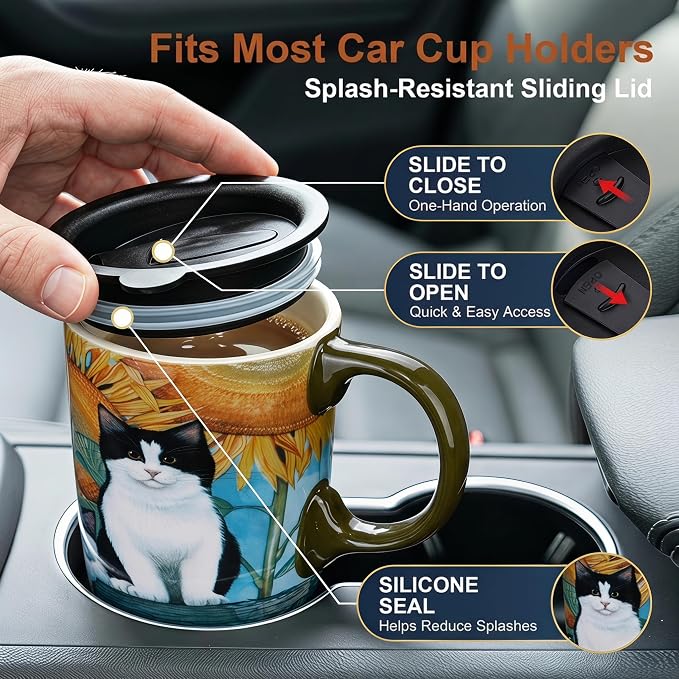Topadorn 17oz Ceramic Travel Mug with Lid, Sunflower & Cat Coffee Mug | Coffee Mug with Handle, Cat & Sunflower Design, Spill-Resistant Lid, Microwave & Dishwasher Safe, Gift Box Included - Image 3