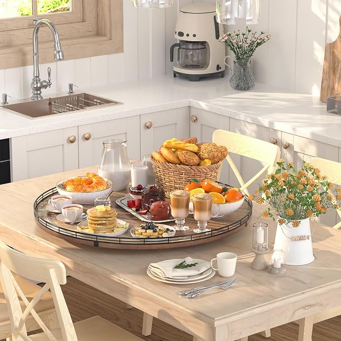 24 Inch Lazy Susan Turntable, Heavy Duty Acacia Wood Round Tray for Kitchen | Easy 360 Degree Spin; Raised Iron Rim; 3 Anti Slip Pads; No Assembly; Farmhouse Decor; Pantry, Cabinet, Gift Box - Image 5