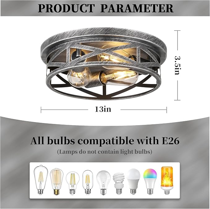 Close to Ceiling Light Fixtures, 3-Lights Cage Flush Mount Ceiling Light, Black and Silver Farmhouse Metal Semi Flush Mount Ceiling Light for House Hallway Kitchen Bedroom, 2 Pack - Image 2