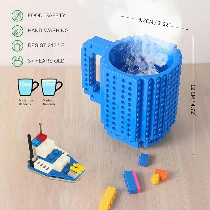 Lumsburry Build-on Brick Coffee Mug, Funny DIY Unique Novelty Drinking Cup | Building Blocks Creative Mug, for Men Women Kids Dad Mom, Present Exchange Ideas, Xmas Birthday White Elephant(Blue) - Image 2