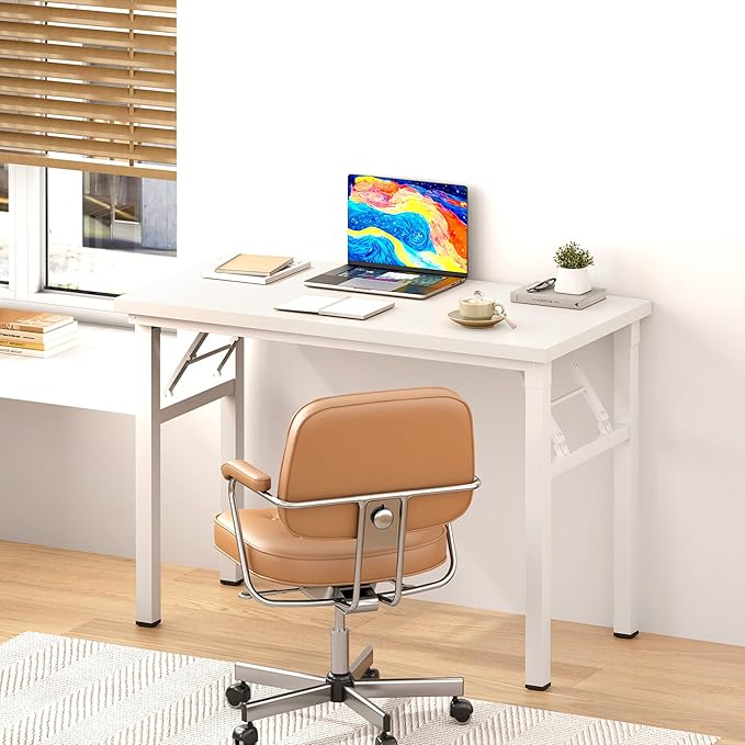 DlandHome 31.5 Inch Small Folding Computer Desk for Home Office, White | Foldable Writing Table for Small Spaces Bedroom, No Assembly Required, Wood Top Metal Frame, Collapsible Compact Easy Storage - Image 2