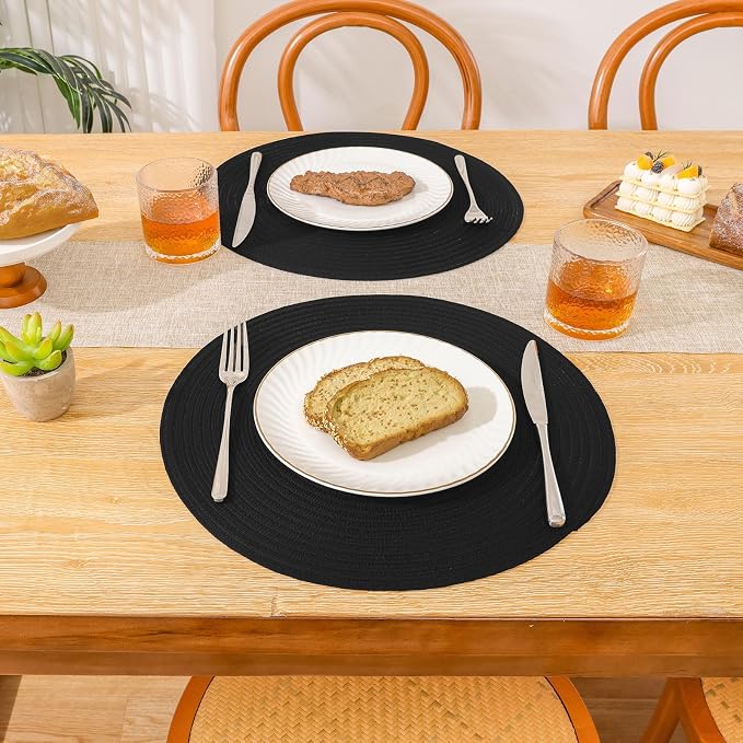 SHACOS Round Braided Placemats Set of 6 Cotton Polyester Heavy Duty 15 inch Round Table Mats Washable Heat Resistant Place Mats (Black, 6) - Image 3
