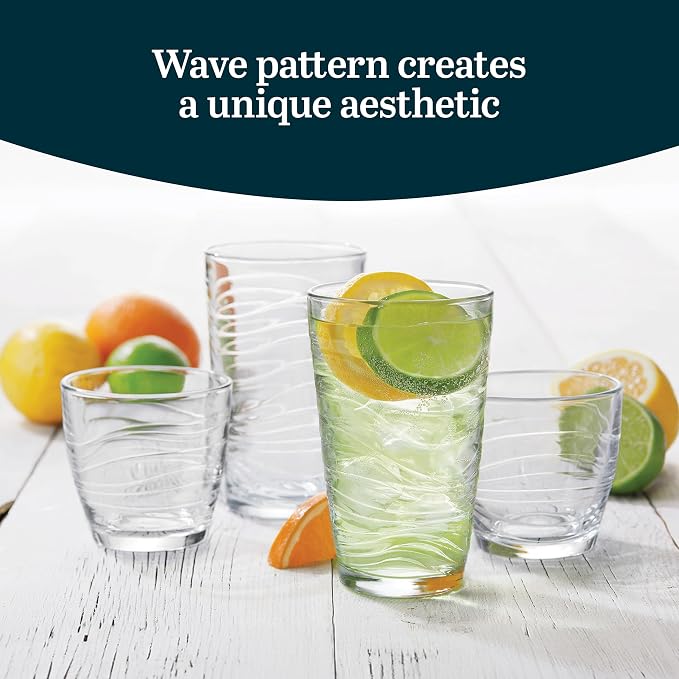 Libbey Orbita Rocks and Tumbler Drinking Glasses Set of 16, Durable Glass Cups Set with Wave Pattern, Glassware Drinking Glasses for Any Occasion - Image 4
