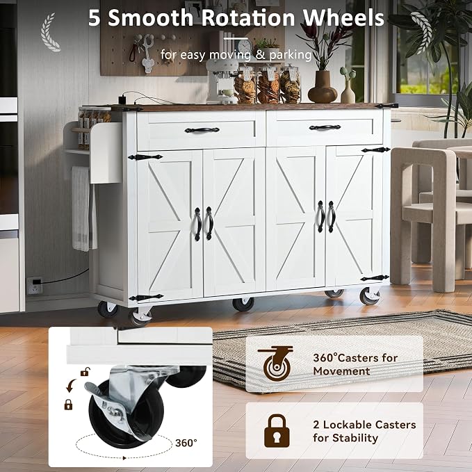 53.5’’ Rolling Kitchen Island Cart with Storage & Power Outlet, Retro White | Built-In Charging Station, Drop Leaf, 2 Drawers, 4 Door Cabinets, Adjustable Shelves, Lockable Wheels, Spice & Towel Rack - Image 5