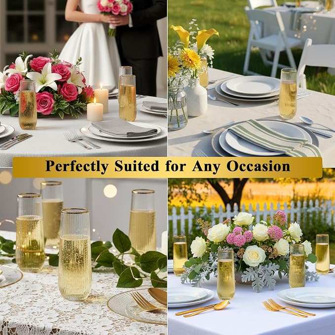 Goodluck 48pack 9oz Clear Stemless Plastic Champagne Flutes with Gold Rim | Ribbed Stemless Toasting Glasses，Champagne Flutes Plastic for Weddings, Bars, Events, Party And Celebrations - Image 6