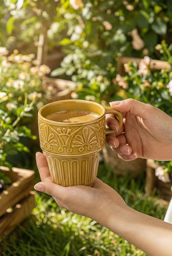 LYEOBOH Ceramic Mugs, 12 OZ Khaki Coffee Mugs Set of 4, Stackable Mug, Microwave & Dishwasher Safe, Stylish Texture Design for Coffee Tea Milk, Ideal for Home Kitchen Party & Festival Gifting - Image 8