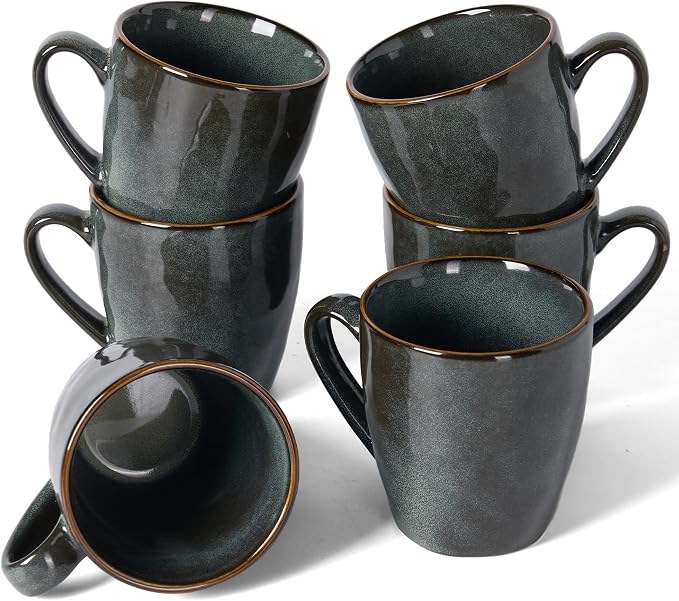 famiware Coffee Mugs Set of 6,Ocean Round 11.5oz Coffee Cup Set with Handle for Cocoa, Milk, Hot Chocolate, Tea or Water, Stoneware Cups for Kitchen, Microwave Dishwasher Safe, Deep Forest by Famiware