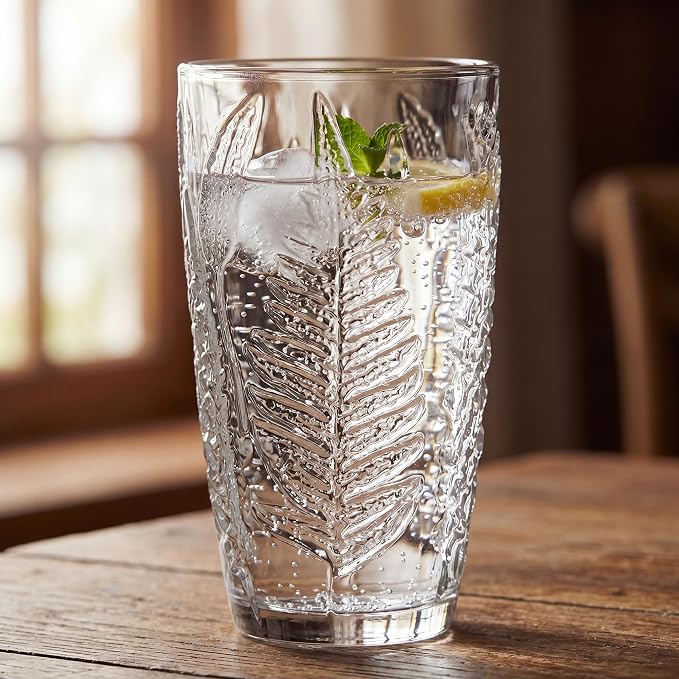 Clear Drinking Glasses Set of 4, 16 oz Glass Cups, Vintage Fern Glassware | Hand-Pressed, Dishwasher Safe, Boho Leaf-Textured Drinkware, Decorative Embossed Highball Tumblers for Water, Retro Kitchen - Image 7